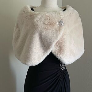 Tahari Cream Faux Fur Shawl with Rhinestone Brooch